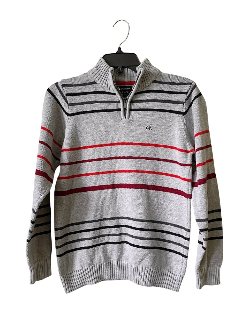 Calvin Klein Jeans Sweater Boys LG 14/16 Gray Quarter Zip Mock Neck Cotton Knit